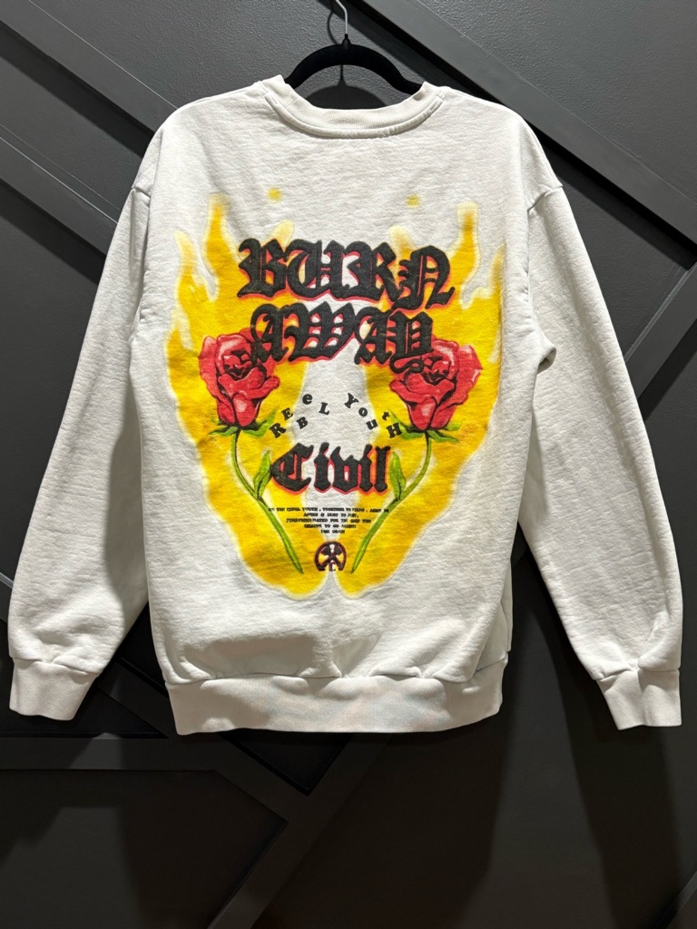 Civil Regime Rebel Youth Graphic Sweatshirt Cream Flames Roses Size M